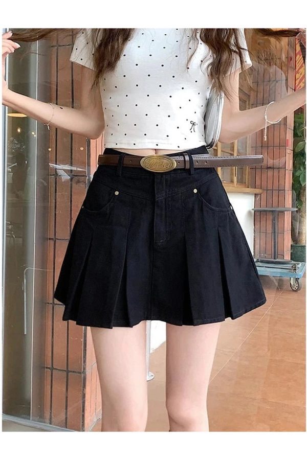 Pleated High-Waisted Denim Skirt - Cute 2000s Outfits & Y2K Fashion