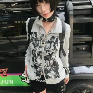 Punk Rock Graphic Zip-Up Jacket - Y2K Fashion, 2000s Outfits, McBling Style