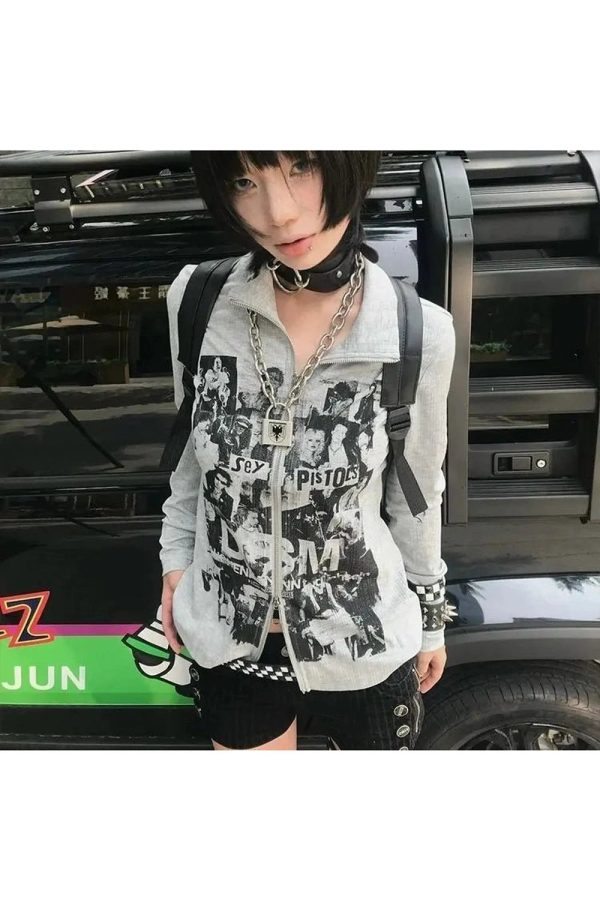 Punk Rock Graphic Zip-Up Jacket - Y2K Fashion, 2000s Outfits, McBling Style