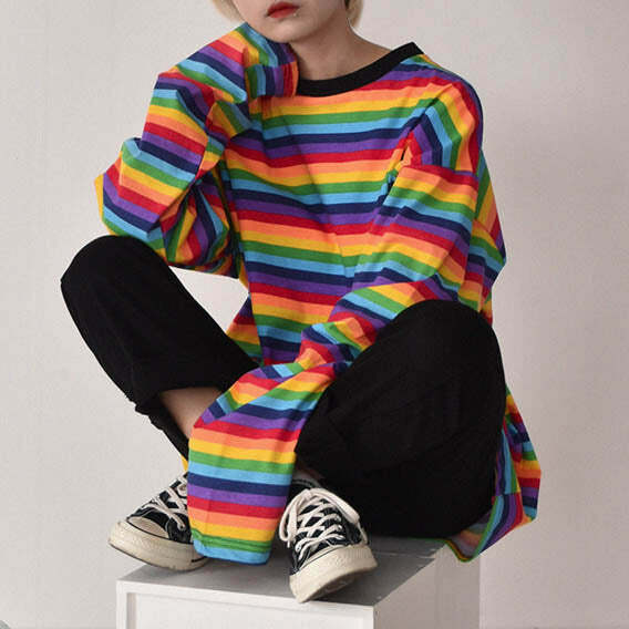 Rainbow Extra Long Sleeve Tee - Cute 2000s Outfits, Y2K Fashion Inspiration