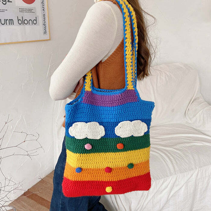 Rainbow Knitted Tote Bag: Perfect for Spring Outfits & Concert Outfit Ideas