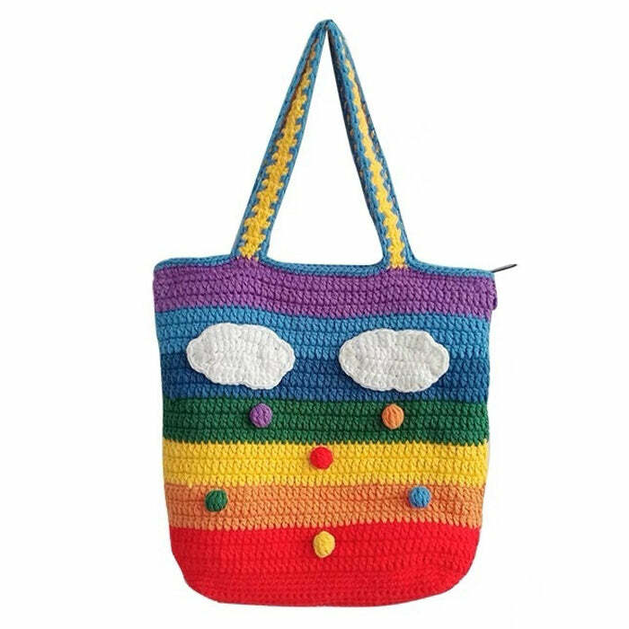 Rainbow Knitted Tote Bag: Perfect for Spring Outfits & Concert Outfit Ideas