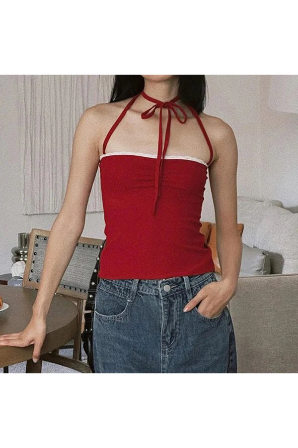 Red Lace-Trim Halter Top: Perfect for Concerts, Date Nights & Spring Outfits