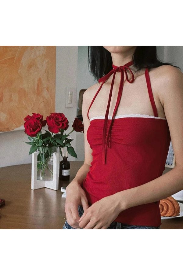 Red Lace-Trim Halter Top: Perfect for Concerts, Date Nights & Spring Outfits