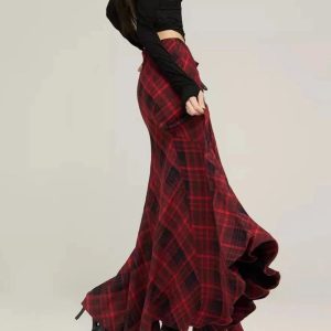 Red Plaid Mermaid Maxi Skirt: Perfect for Spring Outfits & Concert Looks