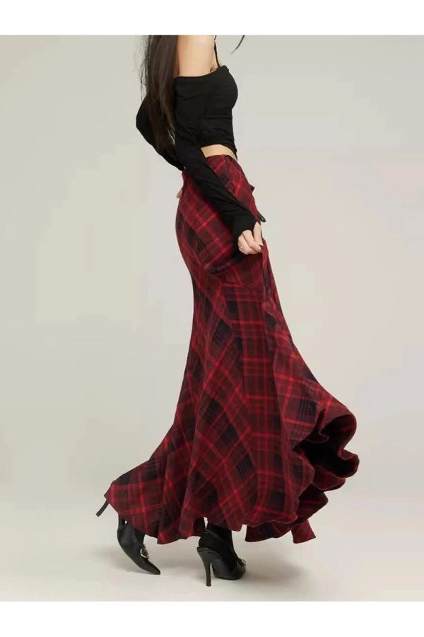 Red Plaid Mermaid Maxi Skirt: Perfect for Spring Outfits & Concert Looks