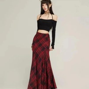 Red Plaid Mermaid Maxi Skirt: Perfect for Spring Outfits & Concert Looks