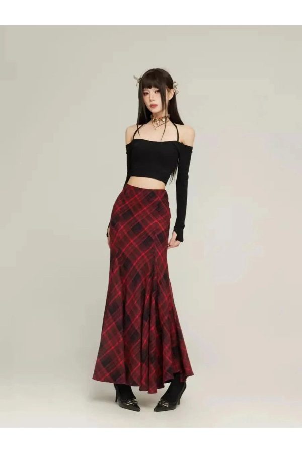 Red Plaid Mermaid Maxi Skirt: Perfect for Spring Outfits & Concert Looks