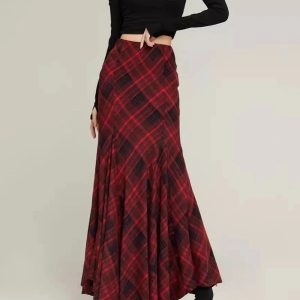 Red Plaid Mermaid Maxi Skirt: Perfect for Spring Outfits & Concert Looks