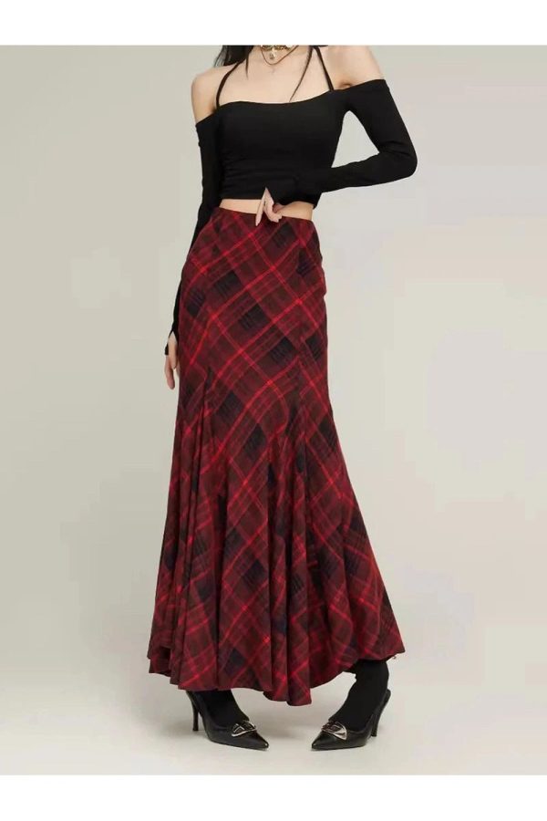 Red Plaid Mermaid Maxi Skirt: Perfect for Spring Outfits & Concert Looks