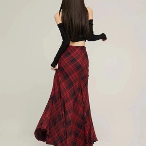 Red Plaid Mermaid Maxi Skirt: Perfect for Spring Outfits & Concert Looks