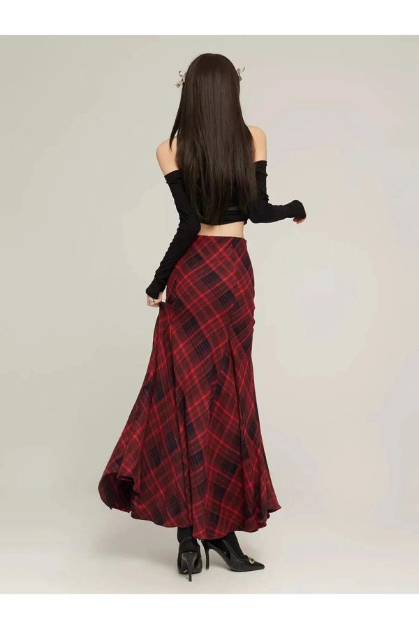 Red Plaid Mermaid Maxi Skirt: Perfect for Spring Outfits & Concert Looks