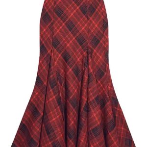 Red Plaid Mermaid Maxi Skirt: Perfect for Spring Outfits & Concert Looks