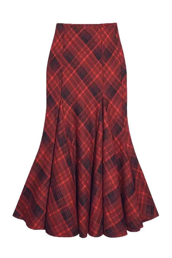 Red Plaid Mermaid Maxi Skirt: Perfect for Spring Outfits & Concert Looks