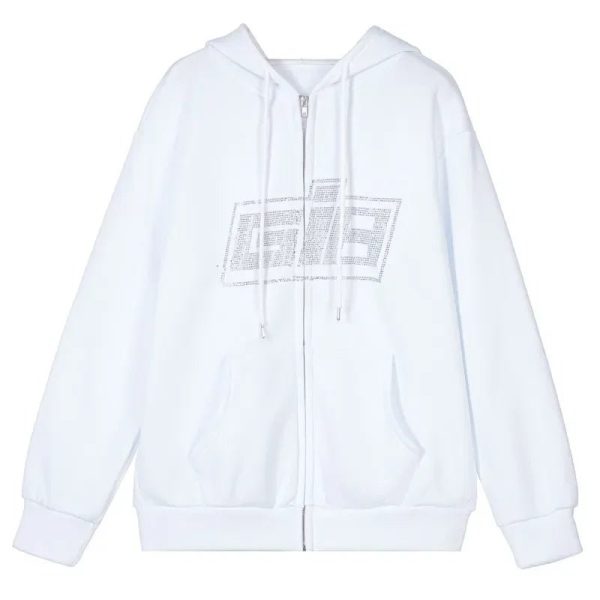 Rhinestone Logo Zip-Up Hoodie - Cute 2000s Outfits & Y2K Fashion