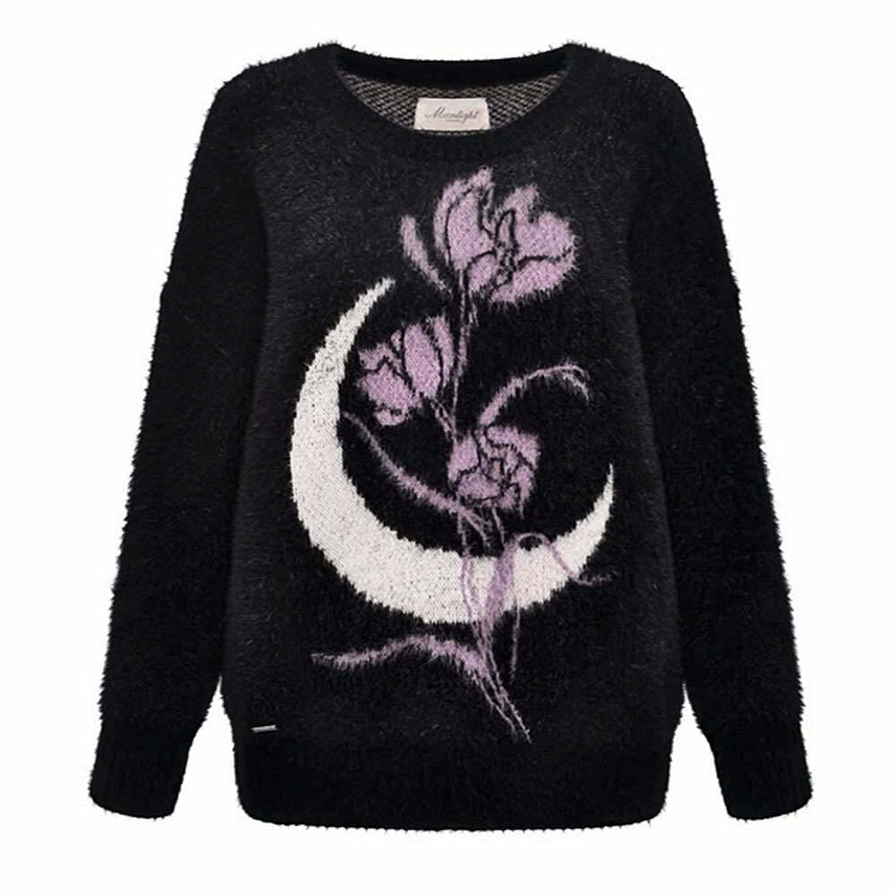 Rose & Moon Print Sweater: Perfect for Spring Outfits & Casual Looks