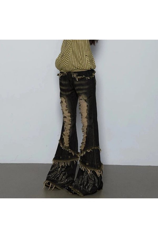 Shredded Flames Distressed Flare Pants - Cute 2000s Outfits & Y2K Fashion