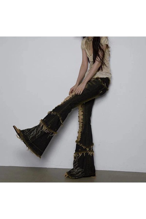 Shredded Flames Distressed Flare Pants - Cute 2000s Outfits & Y2K Fashion