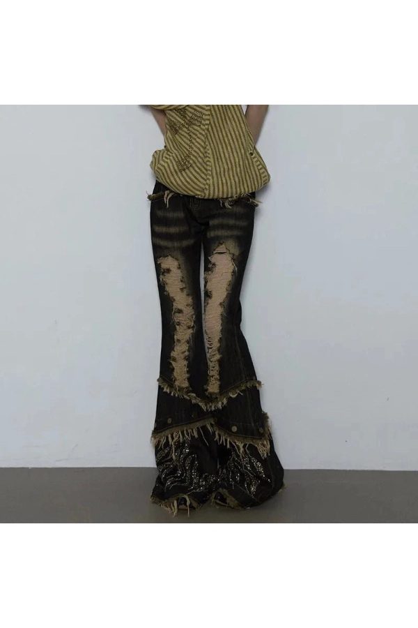 Shredded Flames Distressed Flare Pants - Cute 2000s Outfits & Y2K Fashion