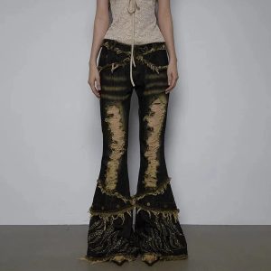 Shredded Flames Distressed Flare Pants - Cute 2000s Outfits & Y2K Fashion