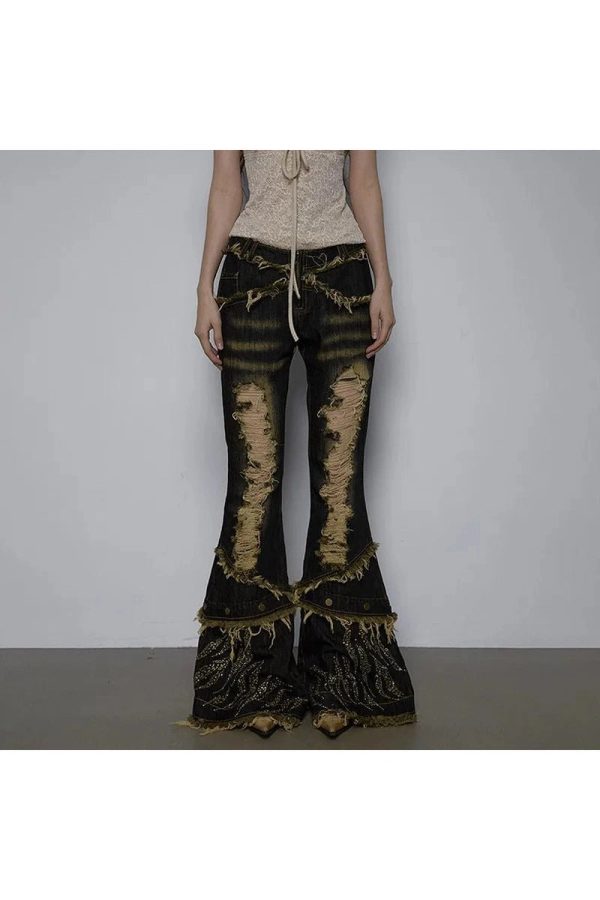 Shredded Flames Distressed Flare Pants - Cute 2000s Outfits & Y2K Fashion