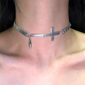 Silver Cross Spike Choker: Edgy Accessory for Concert & Casual Outfits