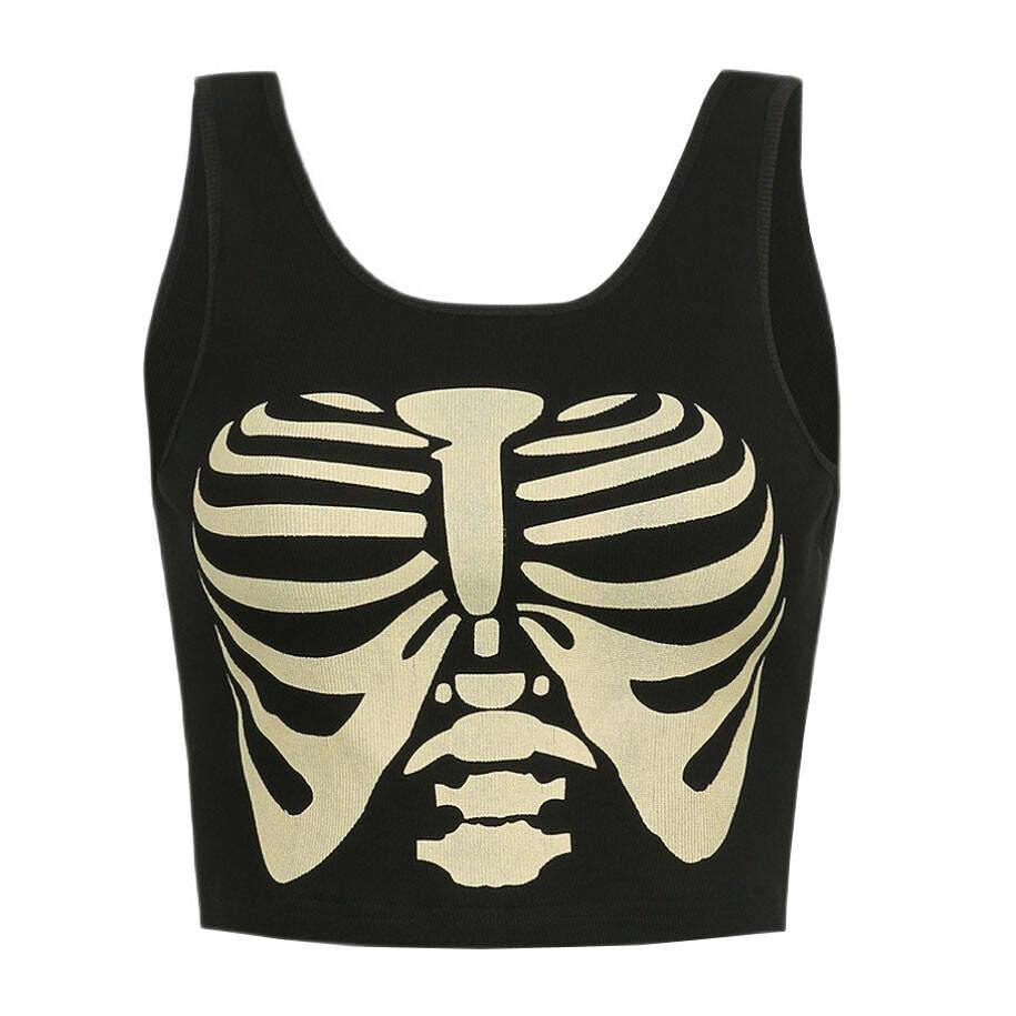 Skeleton Print Tank Top - Cute 2000s Outfits, Y2K Fashion Inspiration