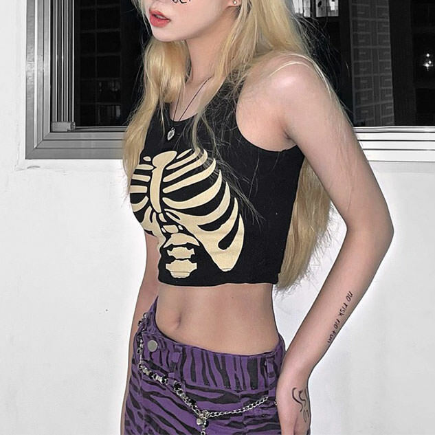 Skeleton Print Tank Top - Cute 2000s Outfits, Y2K Fashion Inspiration