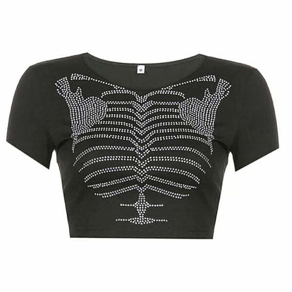 Skeleton Rhinestone Crop Top - Y2K Fashion, Cute 2000s Outfits, Mcbling Style