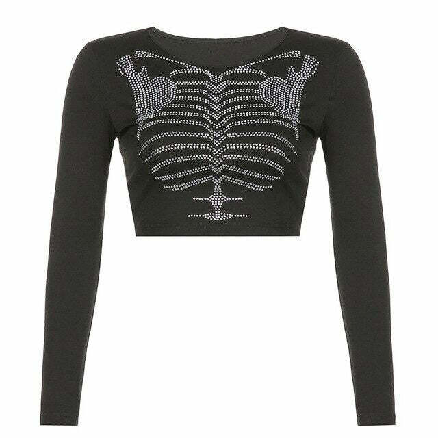 Skeleton Rhinestone Long Sleeve Top - Y2K Cute 2000s Fashion Outfit