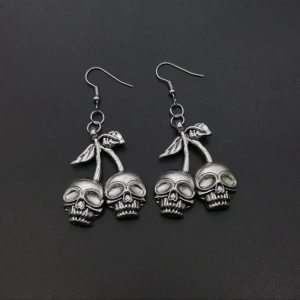 Skull Cherry Drop Earrings: Edgy Accessory for Concert & Casual Outfits