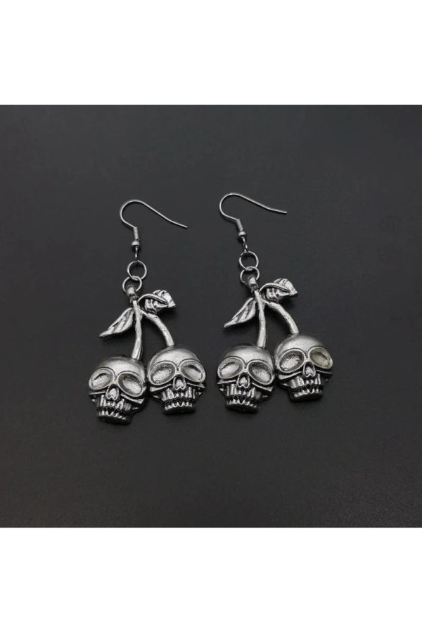 Skull Cherry Drop Earrings: Edgy Accessory for Concert & Casual Outfits