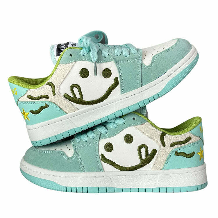 Smiling Face Embroidery Mint Green Sneakers for Trendy Outfit Ideas