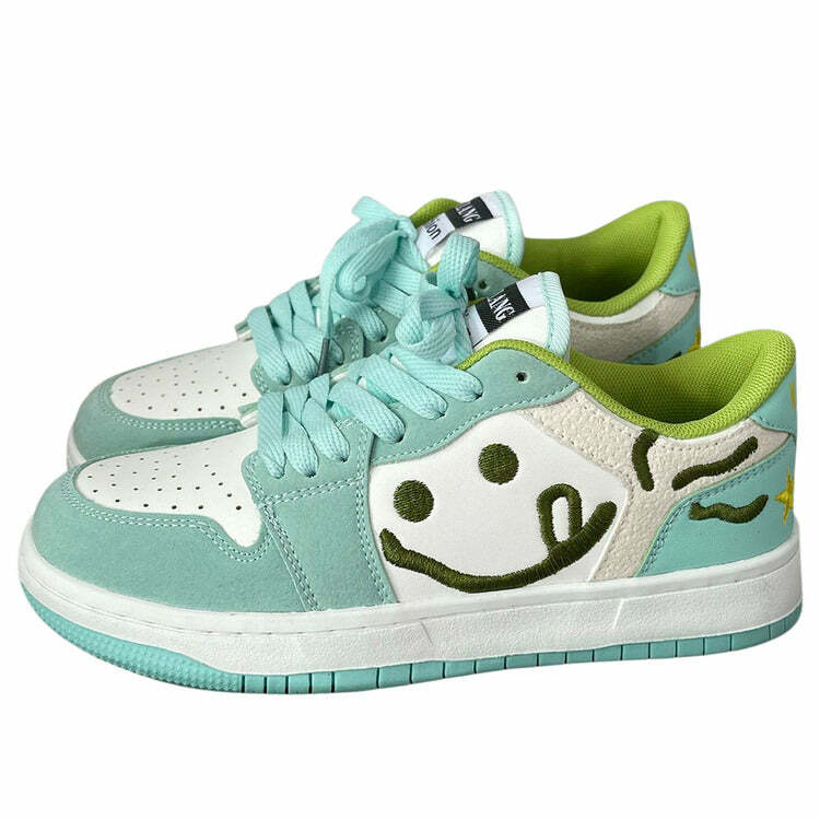 Smiling Face Embroidery Mint Green Sneakers for Trendy Outfit Ideas