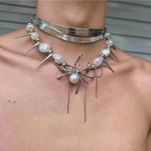 Spider Queen Pearl Spike Choker: Edgy Accessory for Concert & Date Night Outfits