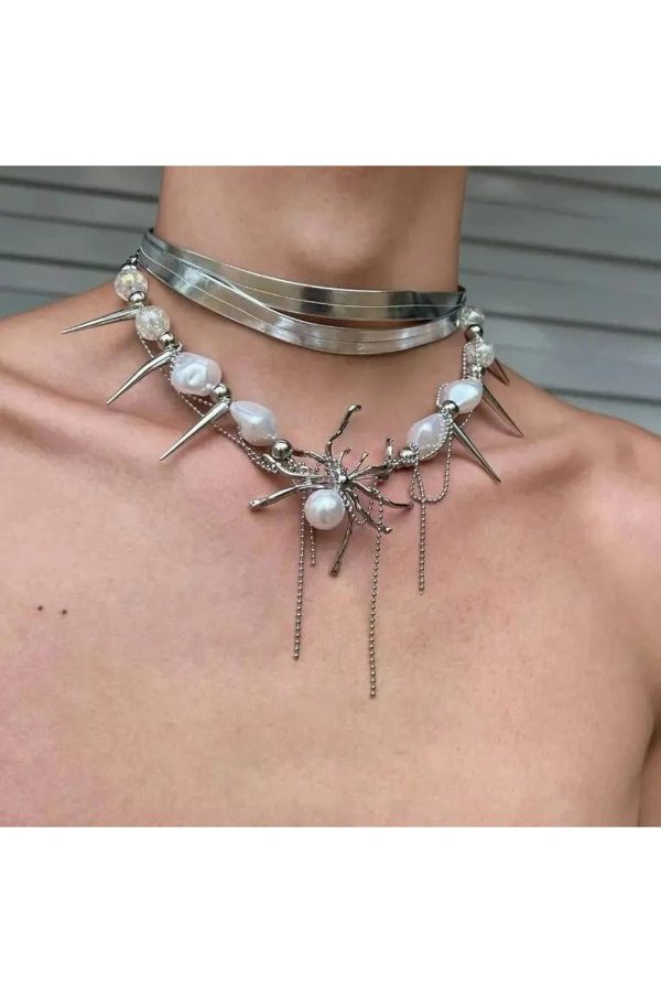 Spider Queen Pearl Spike Choker: Edgy Accessory for Concert & Date Night Outfits