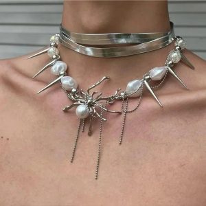 Spider Queen Pearl Spike Choker: Edgy Accessory for Concert & Date Night Outfits