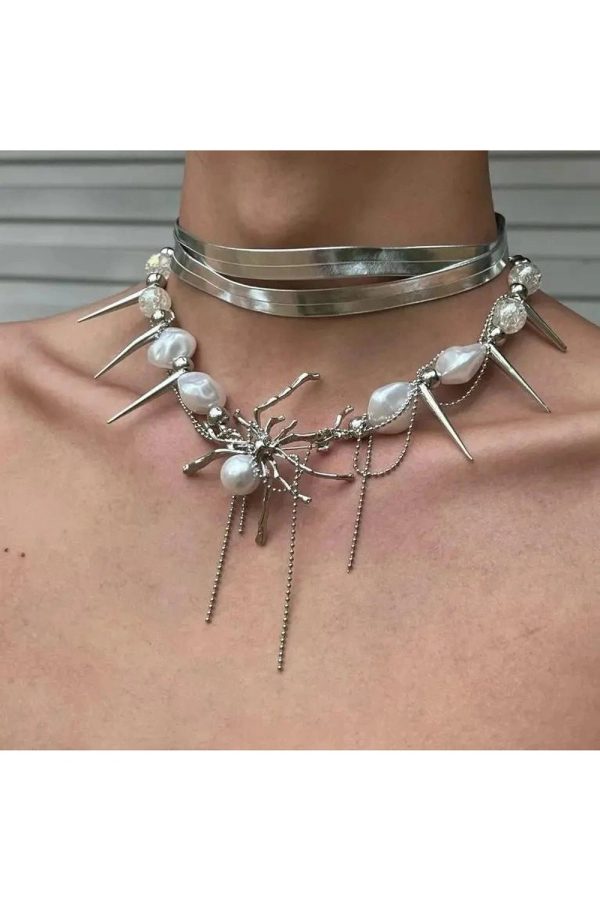 Spider Queen Pearl Spike Choker: Edgy Accessory for Concert & Date Night Outfits