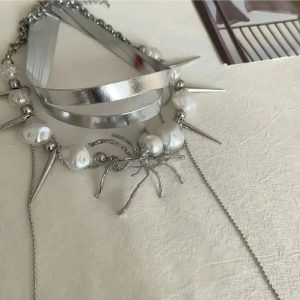 Spider Queen Pearl Spike Choker: Edgy Accessory for Concert & Date Night Outfits