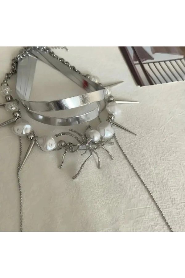 Spider Queen Pearl Spike Choker: Edgy Accessory for Concert & Date Night Outfits