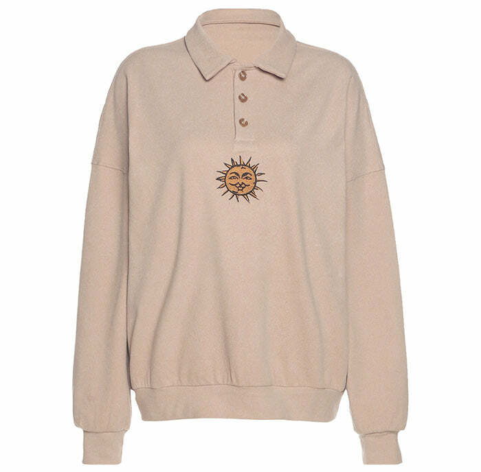 Sun Embroidery Button Up Sweatshirt: Perfect for Spring Outfits & Casual Looks