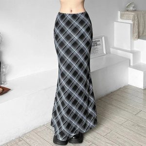 Trendy Black and Blue Plaid Maxi Skirt: Perfect for Spring Outfits