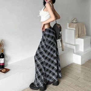 Trendy Black and Blue Plaid Maxi Skirt: Perfect for Spring Outfits