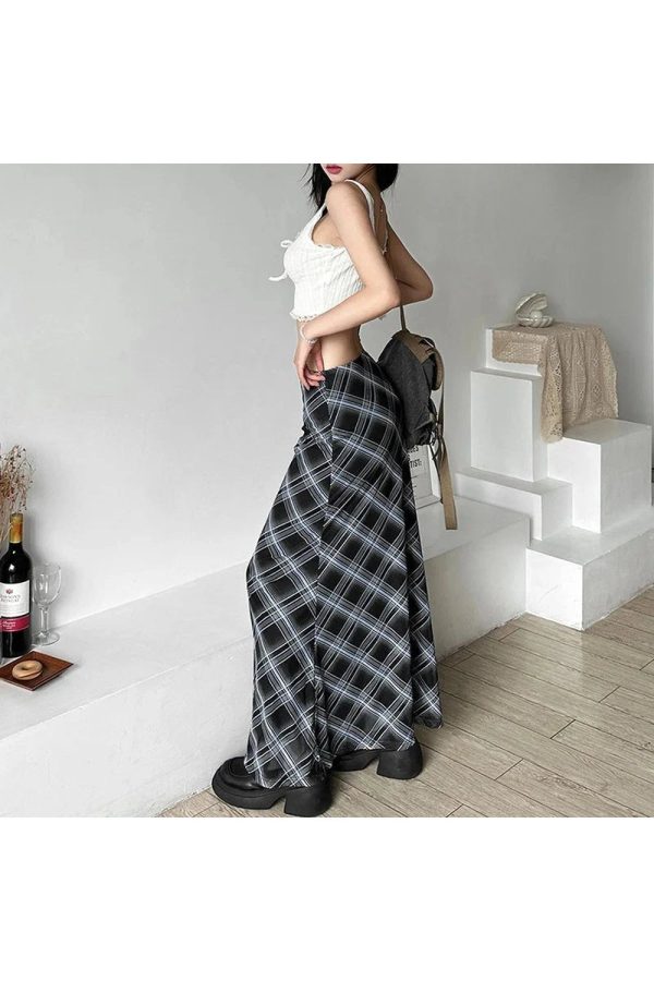 Trendy Black and Blue Plaid Maxi Skirt: Perfect for Spring Outfits