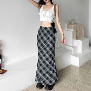 Trendy Black and Blue Plaid Maxi Skirt: Perfect for Spring Outfits