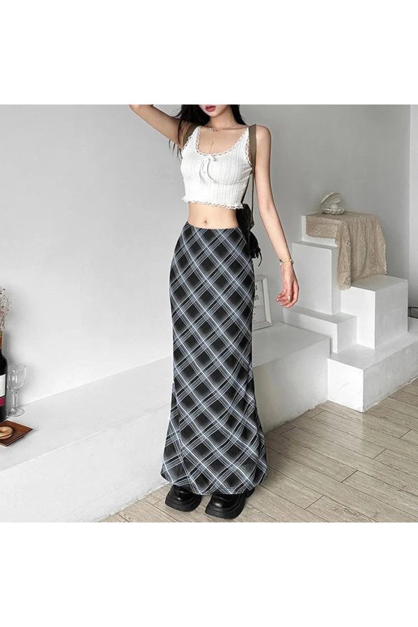 Trendy Black and Blue Plaid Maxi Skirt: Perfect for Spring Outfits