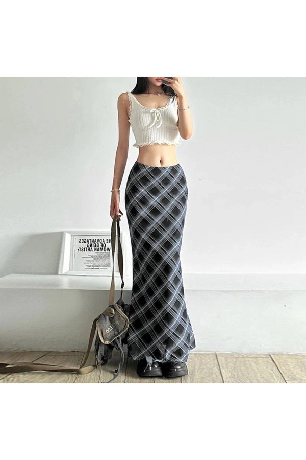 Trendy Black and Blue Plaid Maxi Skirt: Perfect for Spring Outfits