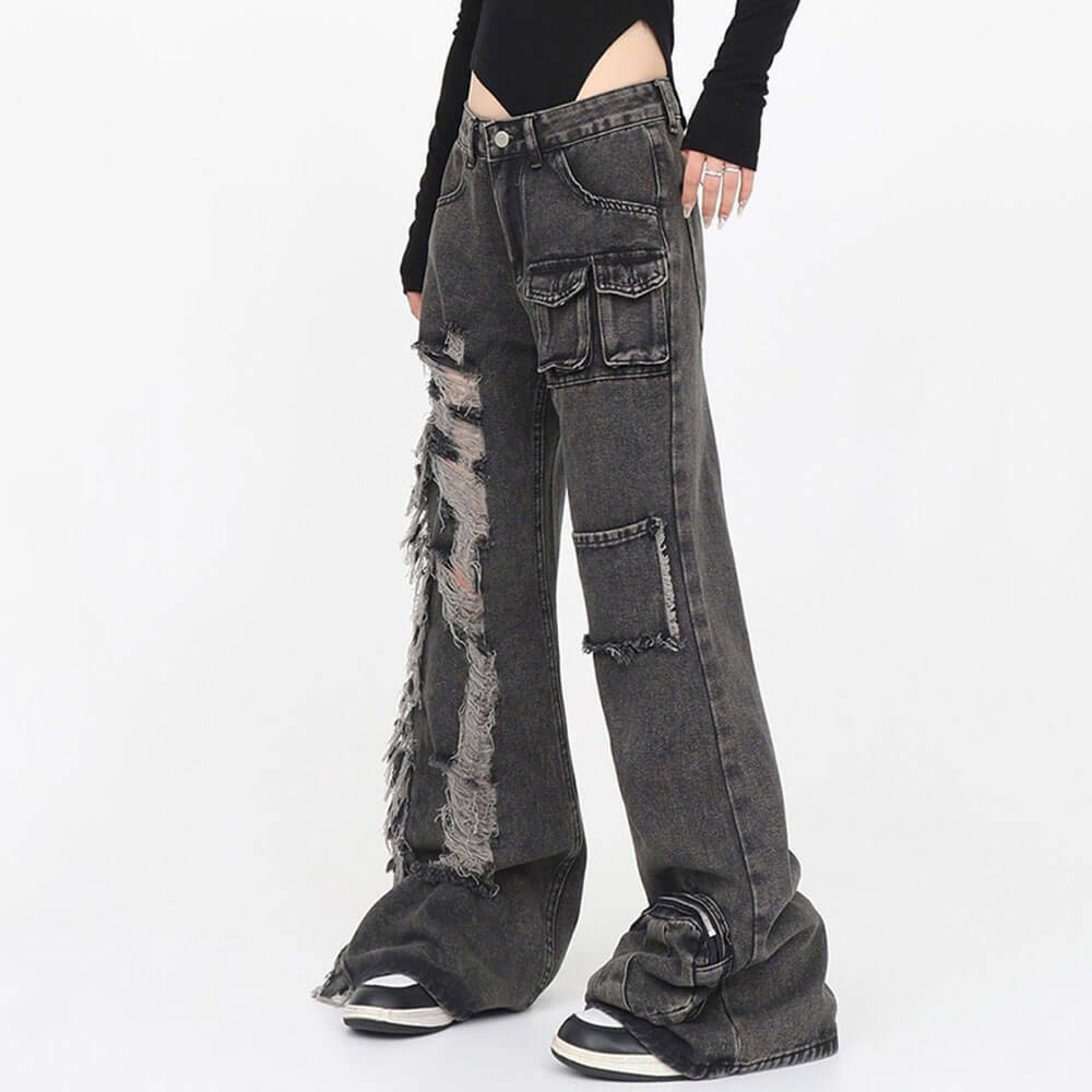 Trendy Black Grunge Ripped Jeans: Perfect for Casual Outfits & Concerts