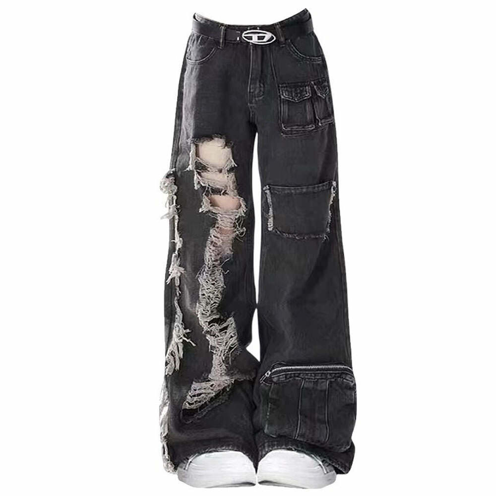 Trendy Black Grunge Ripped Jeans: Perfect for Casual Outfits & Concerts