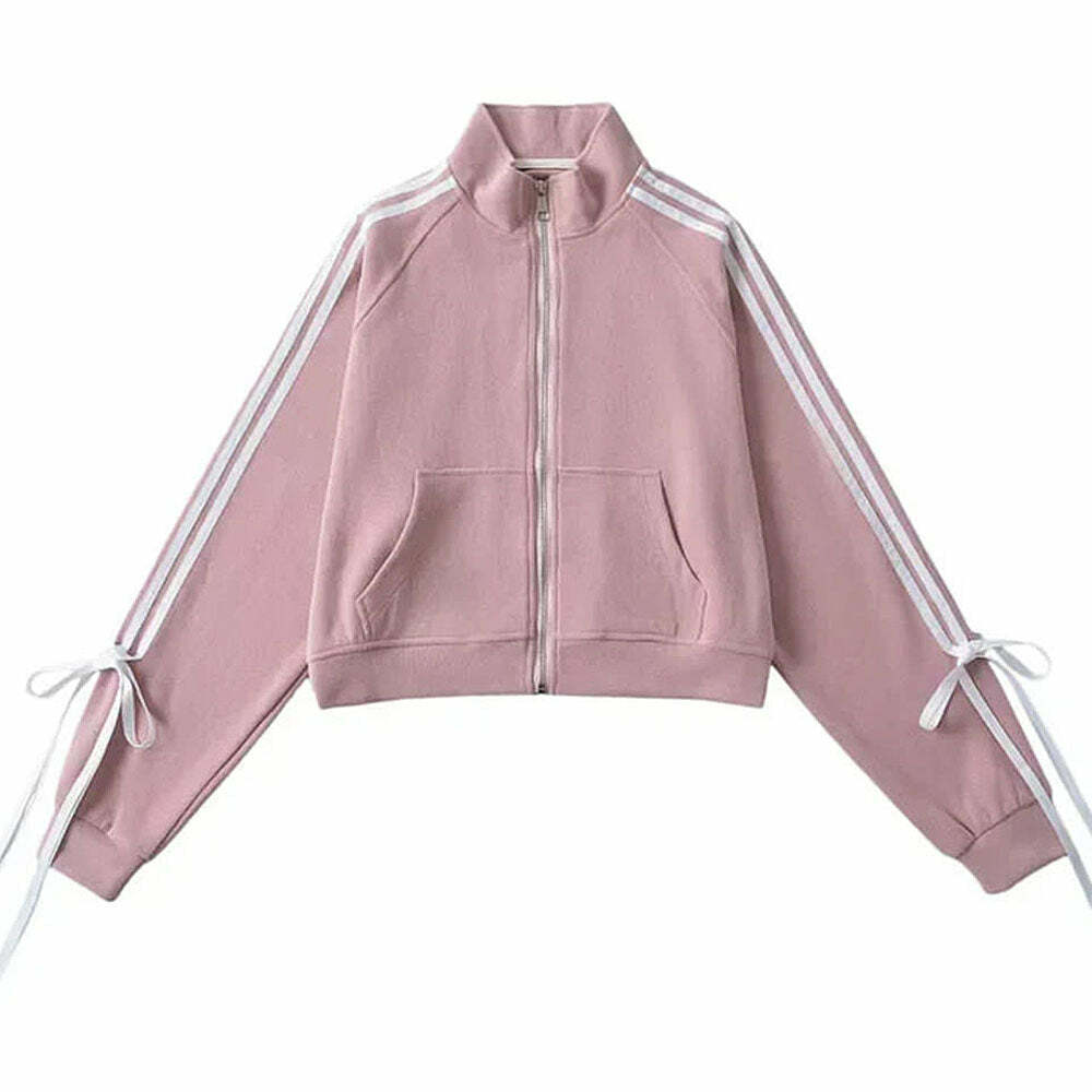 Trendy Blokette Bows Side Stripe Zip Up Sweatshirt for Stylish Outfits